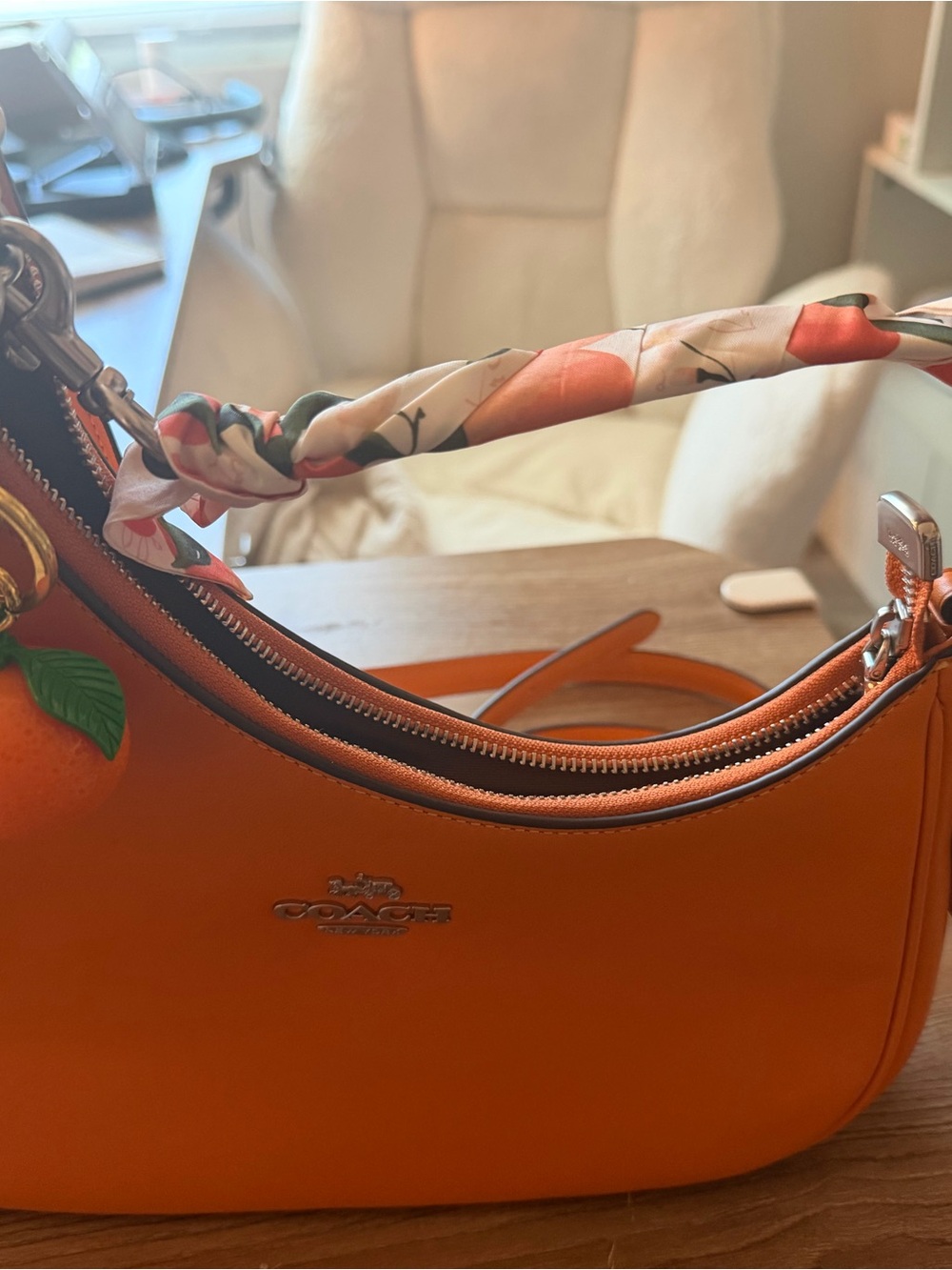 Coach Orange Twisted Teri Pebble Leather Shoulder Bag with Scarf Detail